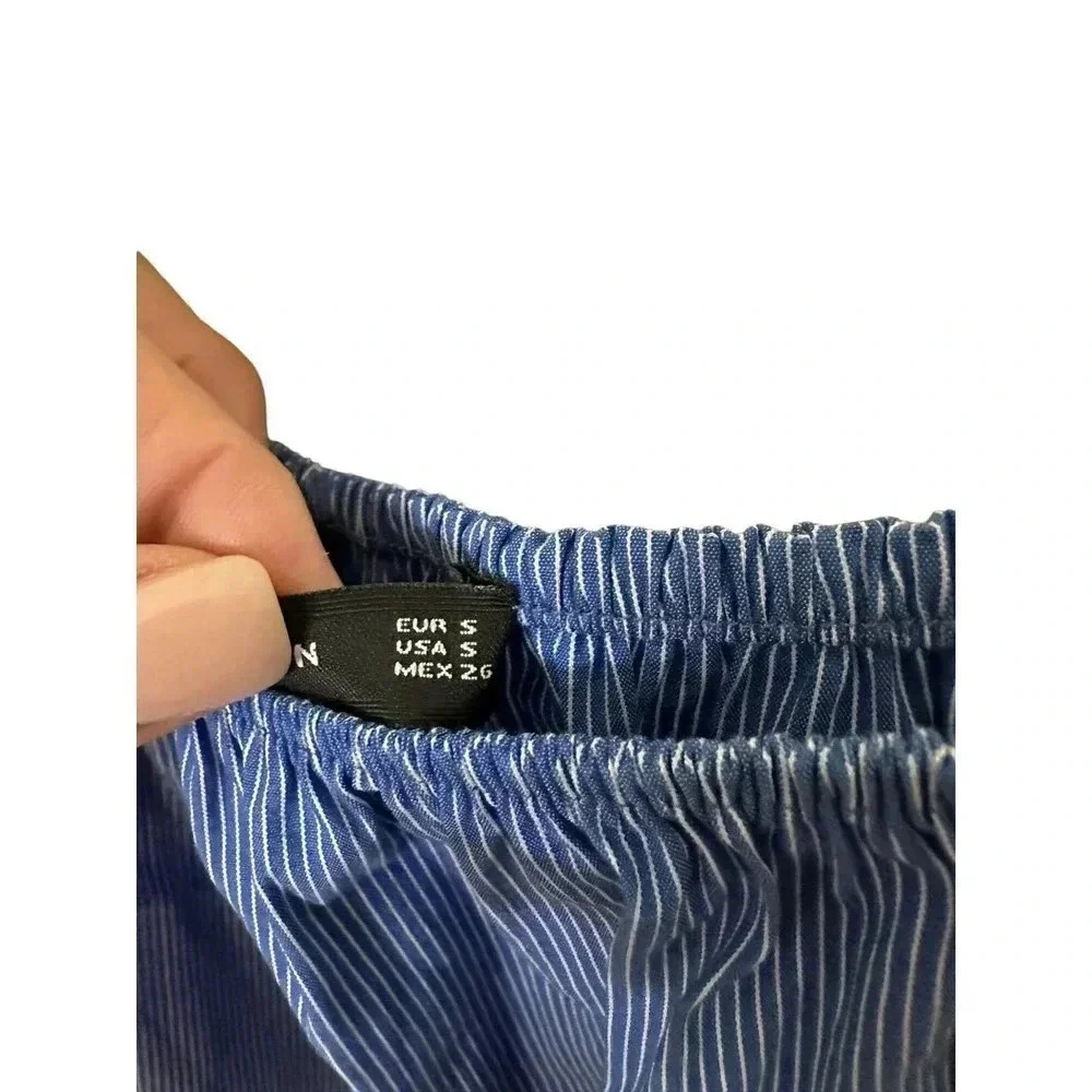 Zara Woman Blue White Pinstriped Ruched Puff‎ Sleeve Off Shoulder Top Size S